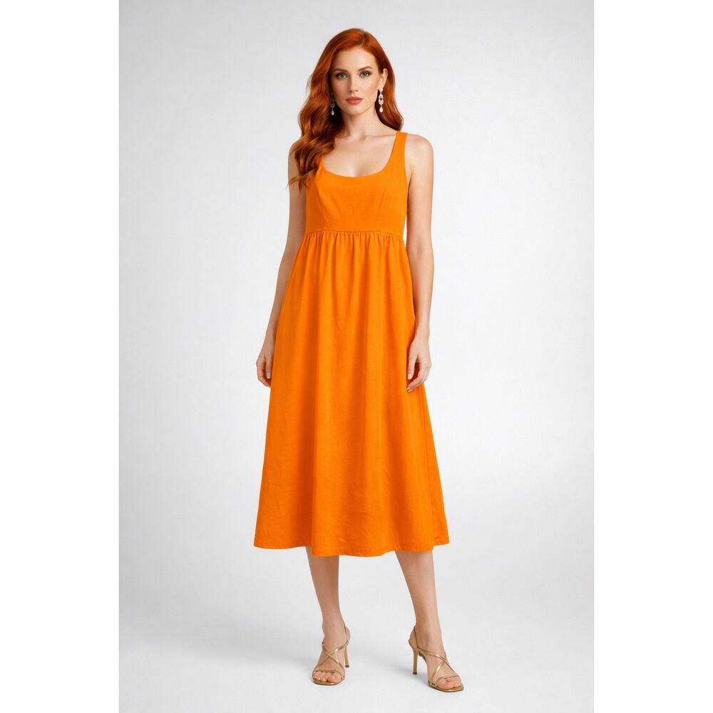 O.P.T Orange Linen Blend Open Back Midi Sundress Empire Waist Size Medium